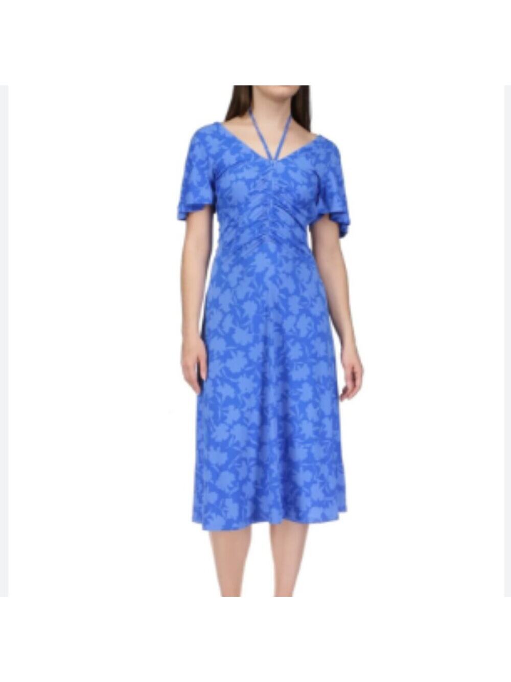 MICHAEL Michael Kors Floral Print Tie Ruched Midi dress grecian blue - PXS